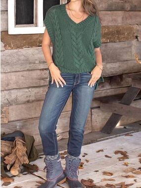 Wooden Ships by Paola Buendia Fiona Cable Knit V-neck Sweater Vest Juniper Green